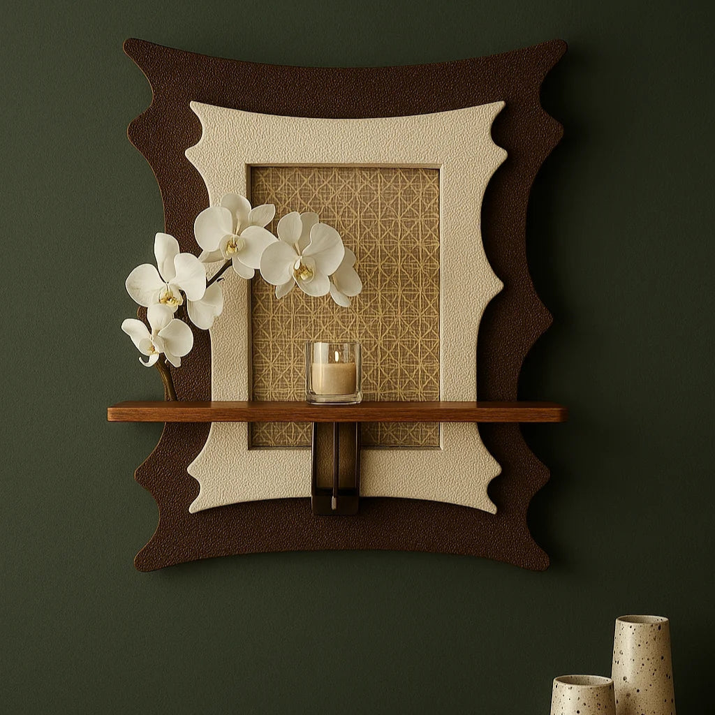 3D sandstone wall art with rock panel, glass vase, and artificial flower accent