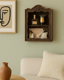 Retro French brown resin wall storage shelf with carved decorative detailing