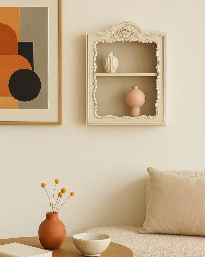 Retro French brown resin wall storage shelf with carved decorative detailing