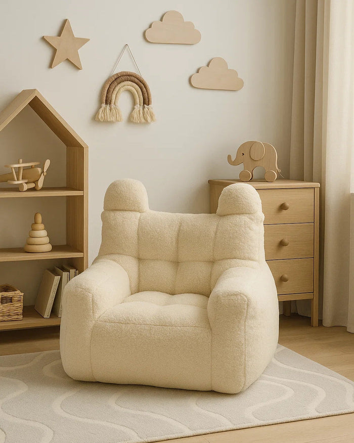 Pink bear shaped kids bean bag chair for a bedroom or playroom