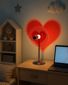 Heart and moon LED projector table lamp with warm ambient light