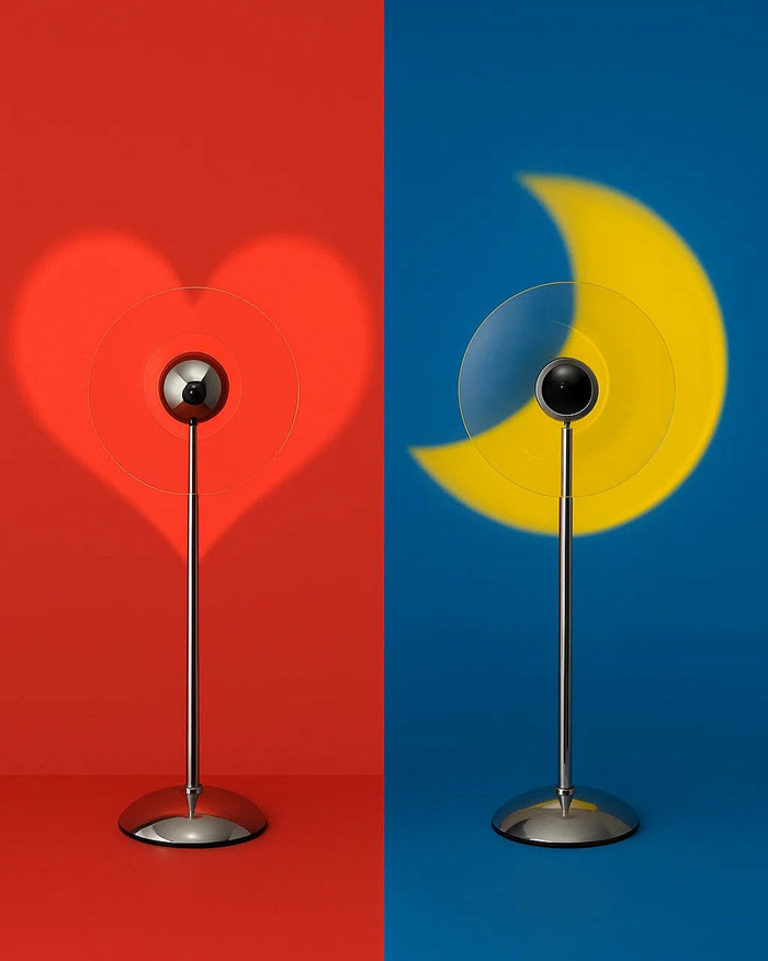 Heart and moon LED projector table lamp with warm ambient light