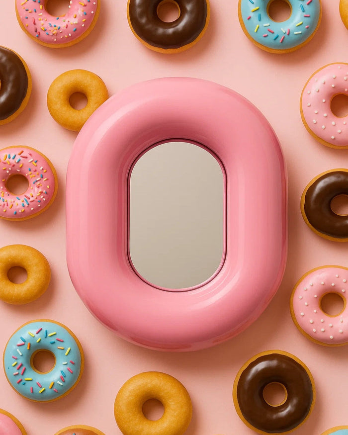 Hot pink donut-shaped makeup mirror for vanity or dressing table