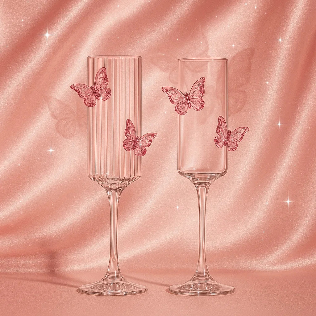 Set of two butterfly wine glasses with one striped glass and one smooth glass