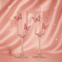 Set of two butterfly wine glasses with one striped glass and one smooth glass