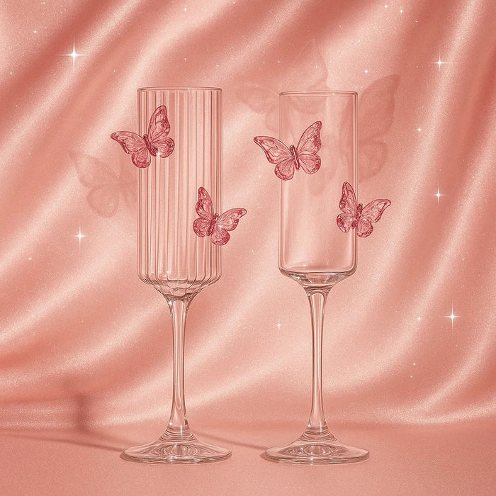 Set of two butterfly wine glasses with one striped glass and one smooth glass