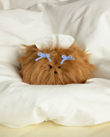 White fluffy dog tissue box cover with decorative bow clips