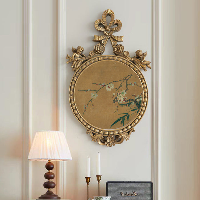 French Chinese fusion bamboo and butterfly wall art in an ornate gold frame