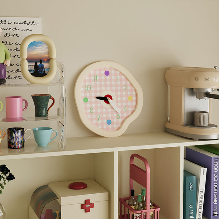 Cream gingham wall clock with wavy frame and colourful dot hour markers