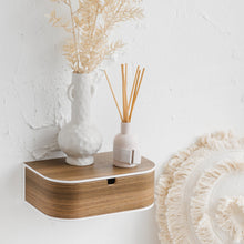 Floating wooden nightstand with drawer and white acrylic stone shelf