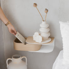 Floating wooden nightstand with drawer and white acrylic stone shelf