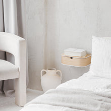 Floating wooden nightstand with drawer and white acrylic stone shelf