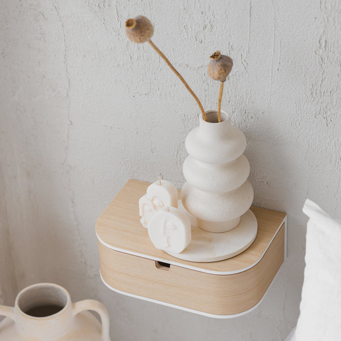 Floating wooden nightstand with drawer and white acrylic stone shelf