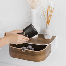 Floating wooden nightstand with drawer and white acrylic stone shelf