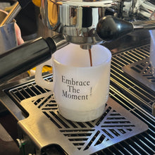 Vintage jade glass coffee mug with handle and printed Embrace The Moment text