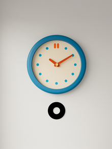 Vintage-style round blue wall clock with clean dial and pendulum