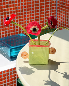 Retro glass vase with curled ear handles for decorative flowers