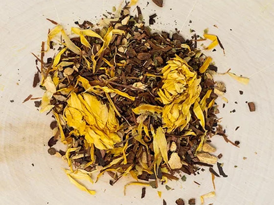 Candida support herbal tea blend with pau d’arco, calendula, ginger, honeybush, and cinnamon