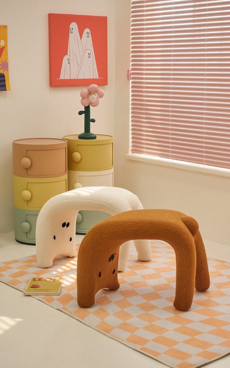 Brown cat face kids stool with padded seat