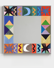 Bauhaus style square art wall mirror with hand-painted graphic tile border