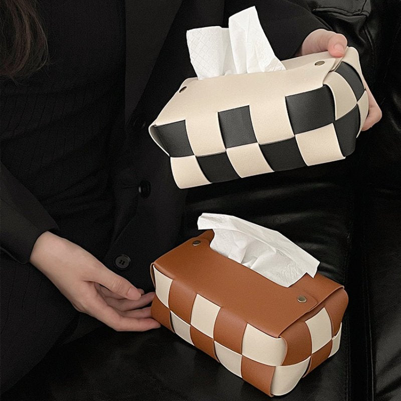 Beige checkerboard PU leather tissue box cover