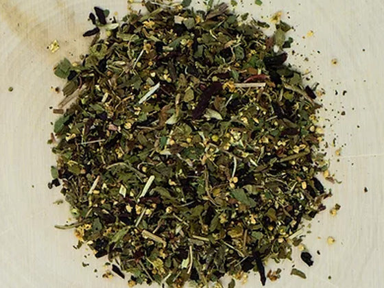 Organic detox herbal tea blend with elderflower, hibiscus, dandelion, nettle, red clover, and peppermint