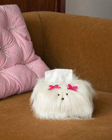 White fluffy dog tissue box cover with decorative bow clips