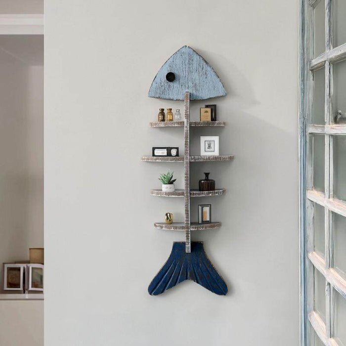 Fish-shaped wall shelf with multi-level display storage