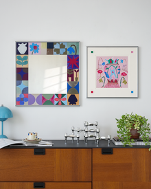 Bauhaus style square art wall mirror with hand-painted graphic tile border