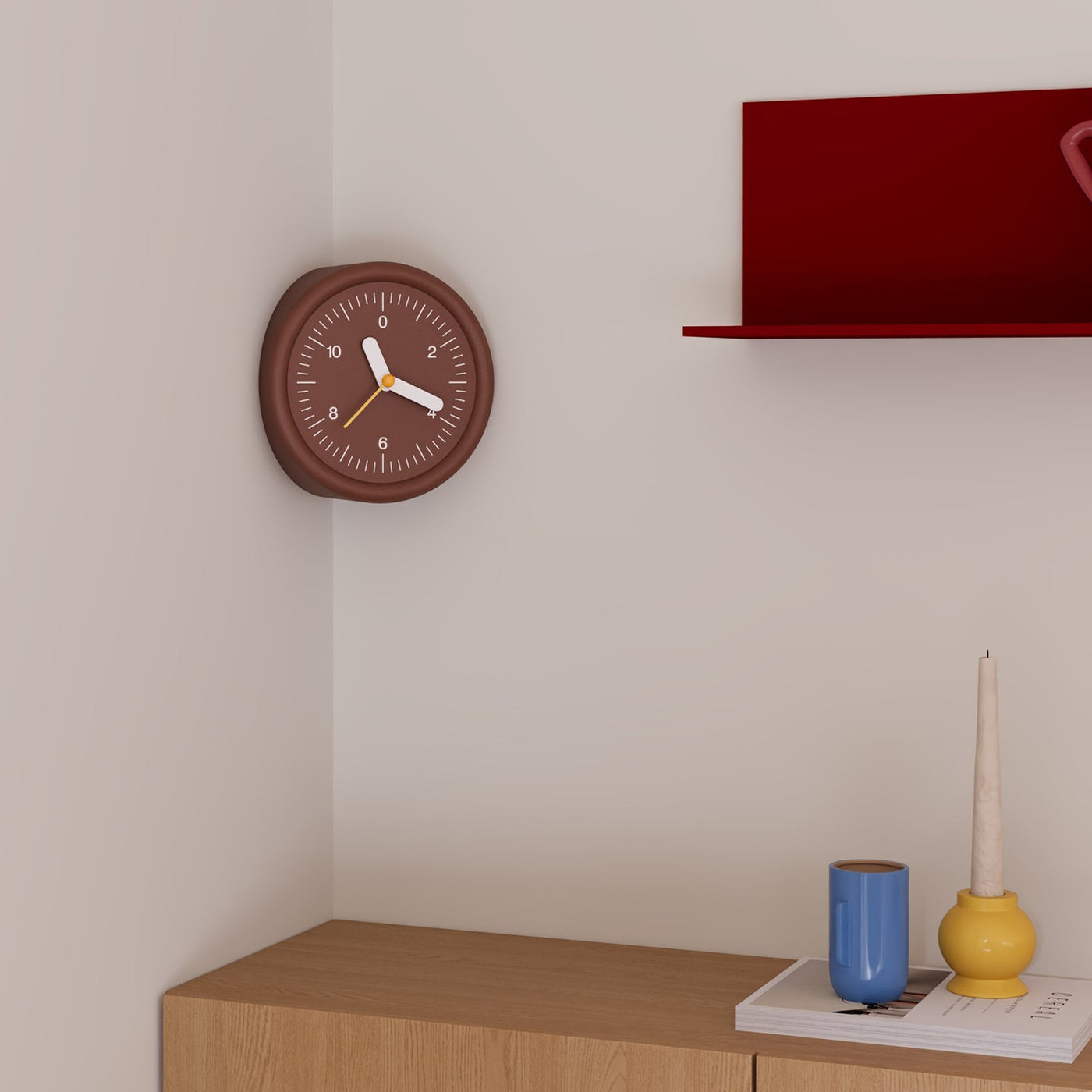 Brown curved corner wall clock for modern home decor