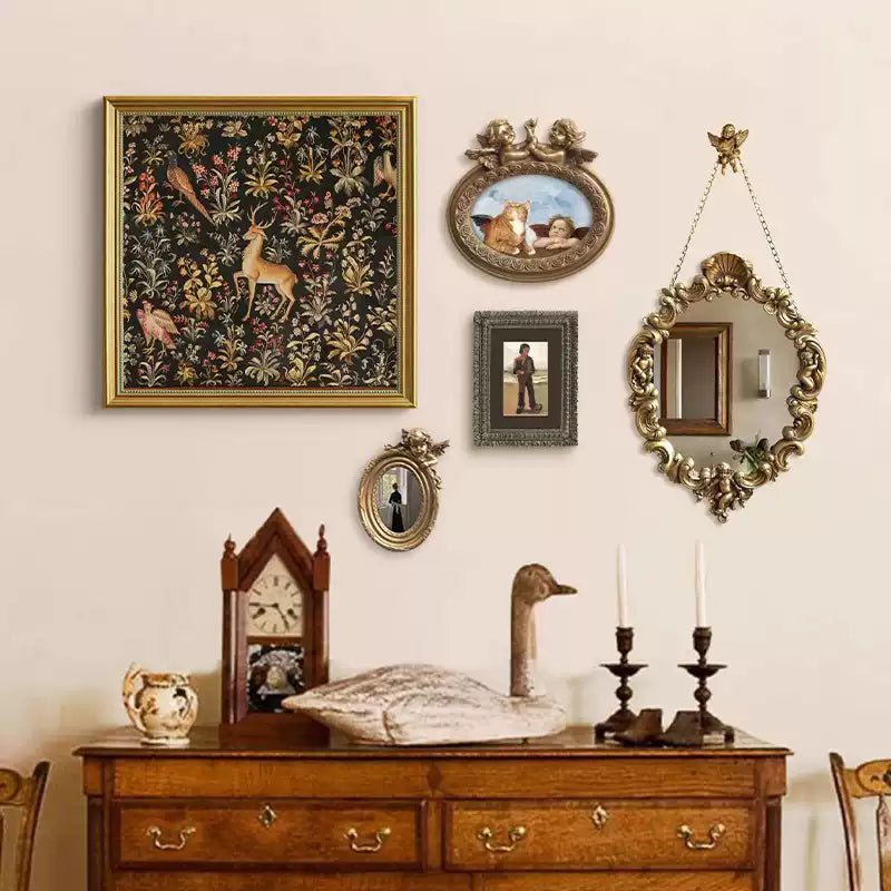 Baroque style 5-piece wall art set with vintage prints, ornate gold frames, mini frames, and decorative mirror
