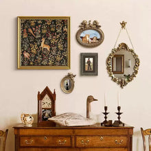 Baroque style 5-piece wall art set with vintage prints, ornate gold frames, mini frames, and decorative mirror