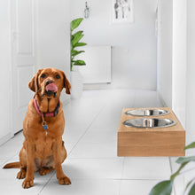 Wall-mounted oak wooden dog feeding station with two stainless steel bowls
