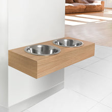 Medium floating wooden pet feeding stand with two stainless steel bowls in oak finish