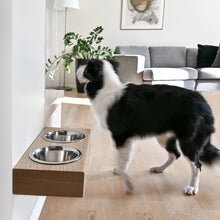 Oak wall-mounted elevated pet bowl stand with two stainless steel bowls