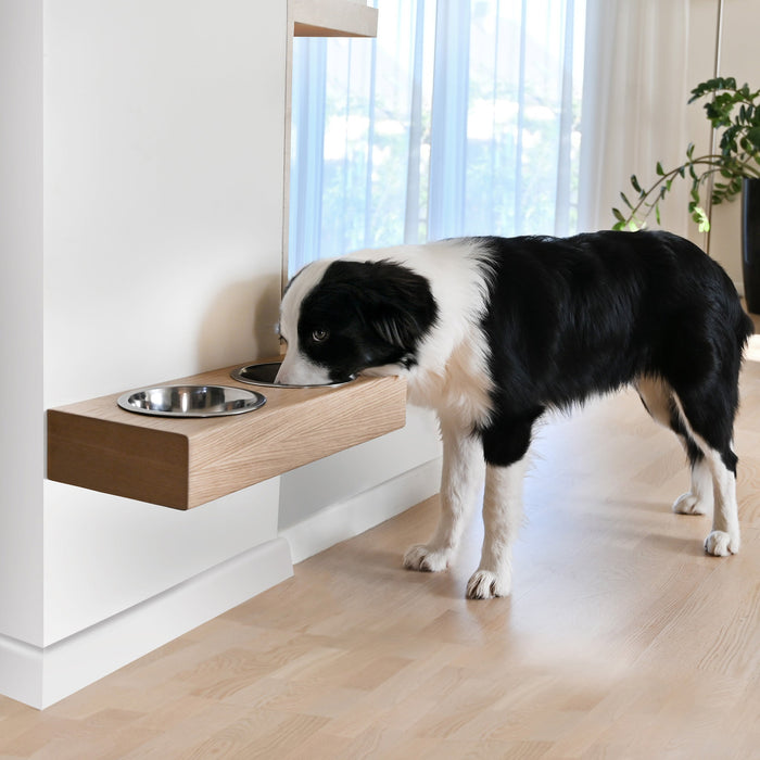 Oak wall-mounted elevated pet bowl stand with two stainless steel bowls