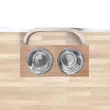 Oak wall-mounted elevated pet bowl stand with two stainless steel bowls
