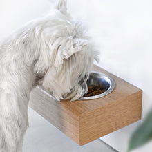 Wall-mounted oak wooden pet bowl stand with two stainless steel bowls for small dogs and cats