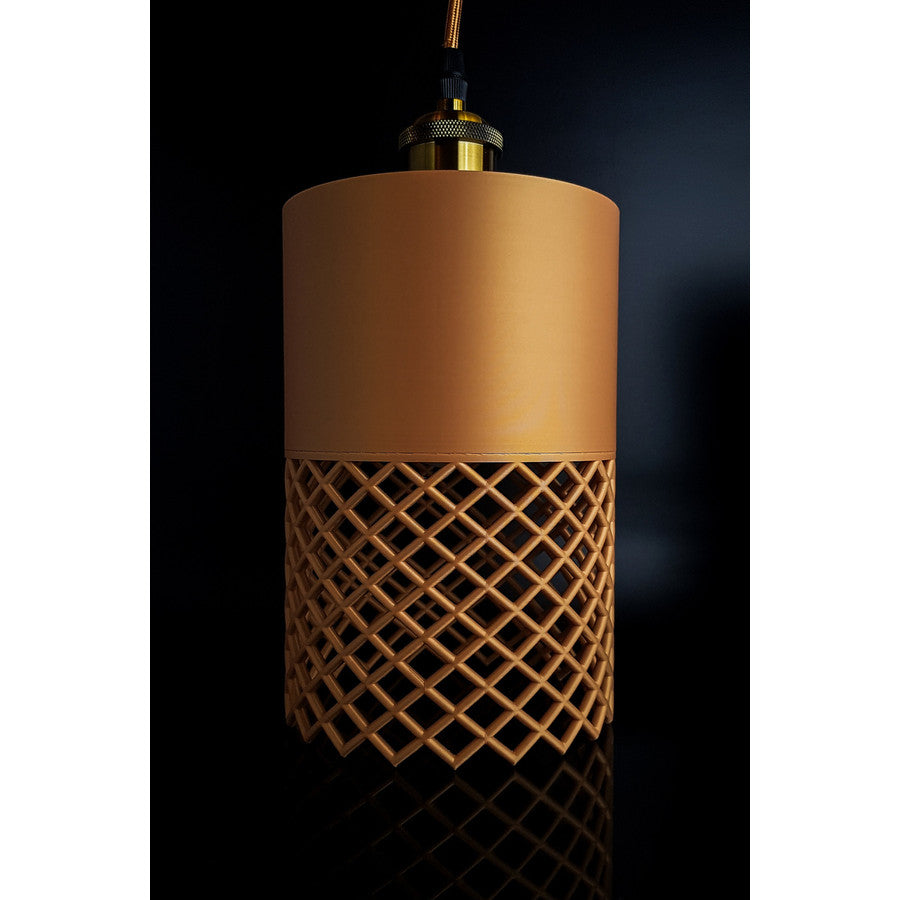 Sand-toned Vertex Dune Max geometric pendant light with textured upper section and grid-style lower design