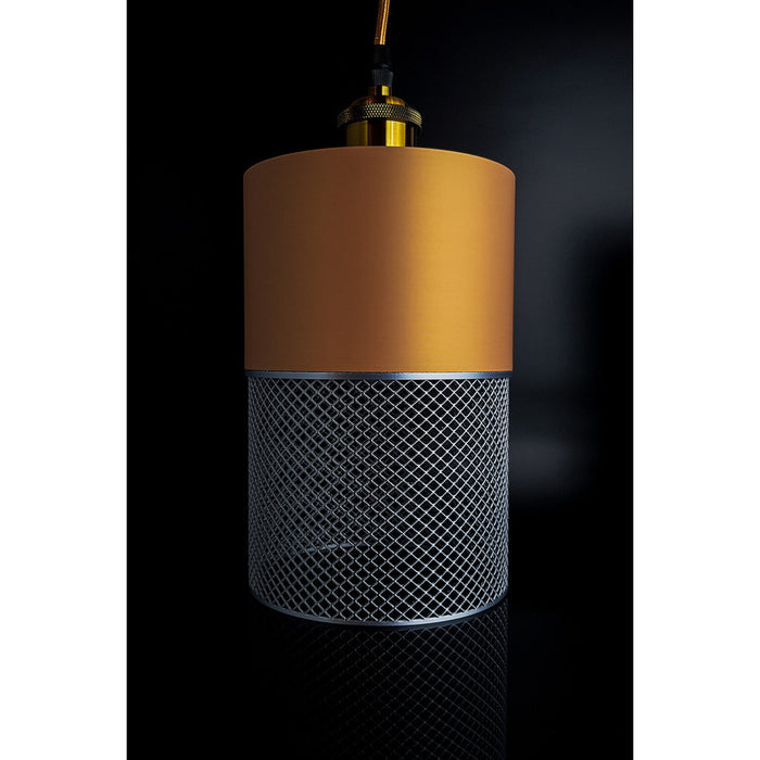 Loom Dune Nebula modern pendant light with warm matte shade and geometric metallic lower detail
