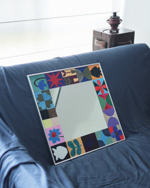 Bauhaus style square art wall mirror with hand-painted graphic tile border