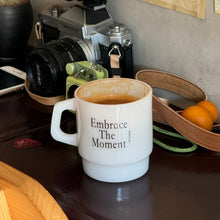 Vintage jade glass coffee mug with handle and printed Embrace The Moment text