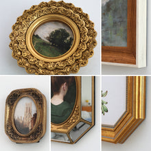 Set of eight vintage-inspired botanical, portrait, and landscape wall art pieces in assorted frames