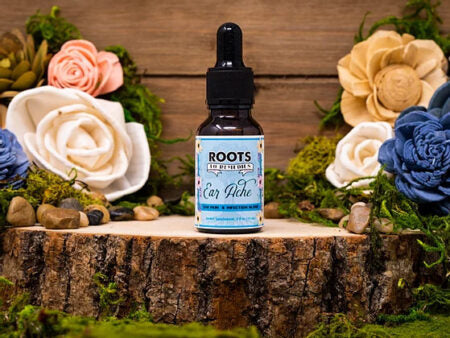 Bottle of ear ache oil drops with herbal olive oil blend