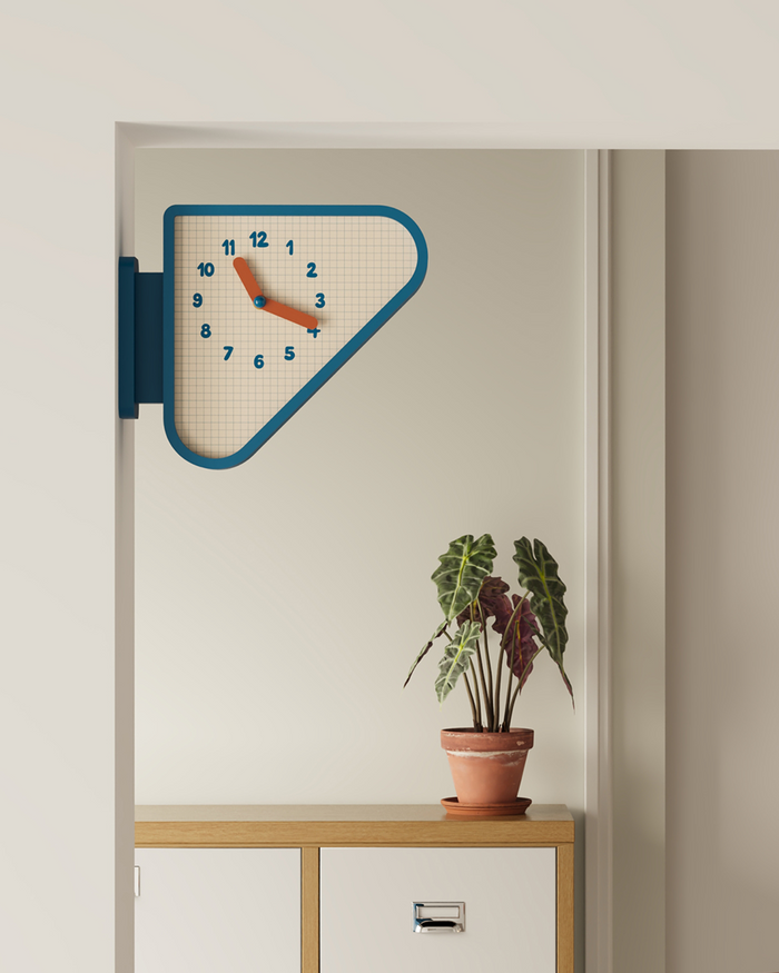 Triangle corner wall clock with double-sided geometric design