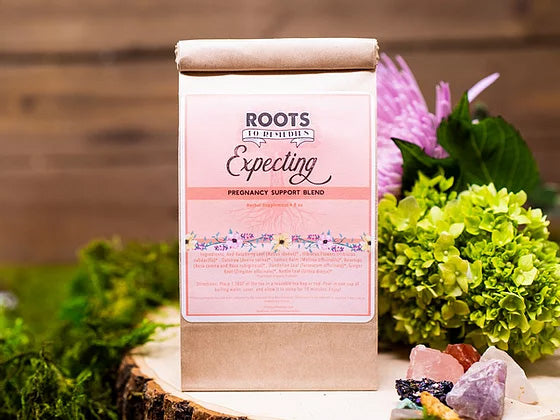 Organic pregnancy support herbal tea blend with raspberry leaf and botanicals
