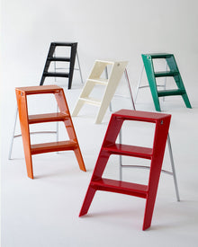 Foldable white ladder shelf with modern acrylic and metal design