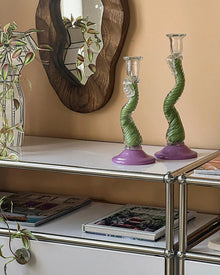 Iridescent glass taper candle holder with twisted stem in green and purple tones