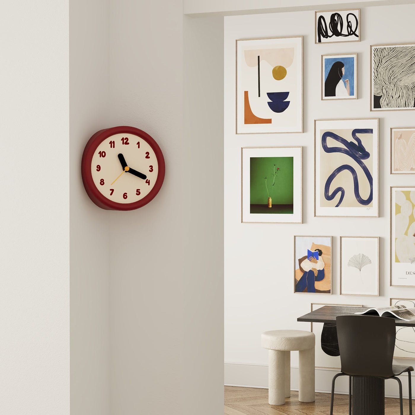 Red corner wall clock with minimalist dots dial for a 90-degree wall edge