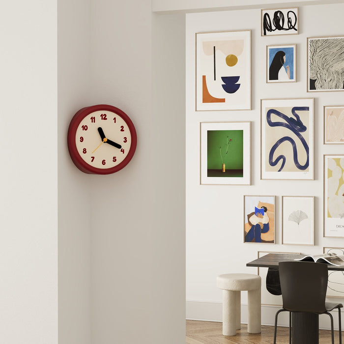 Red corner wall clock with minimalist dots dial for a 90-degree wall edge